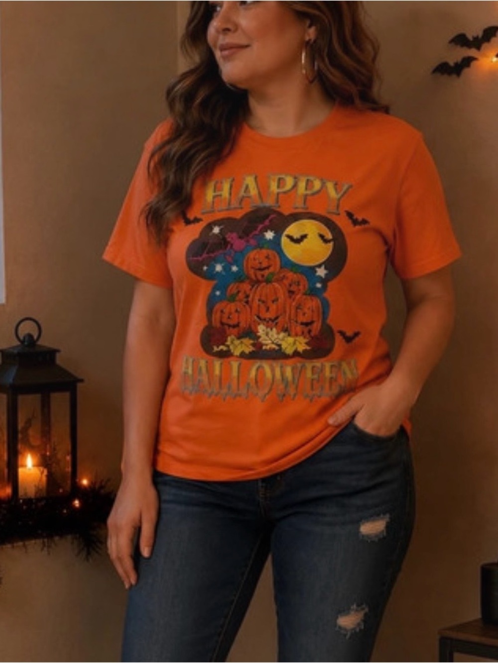 Vintage Womens Small Halloween T-Shirt With Spooky Pumpkin Patch Design